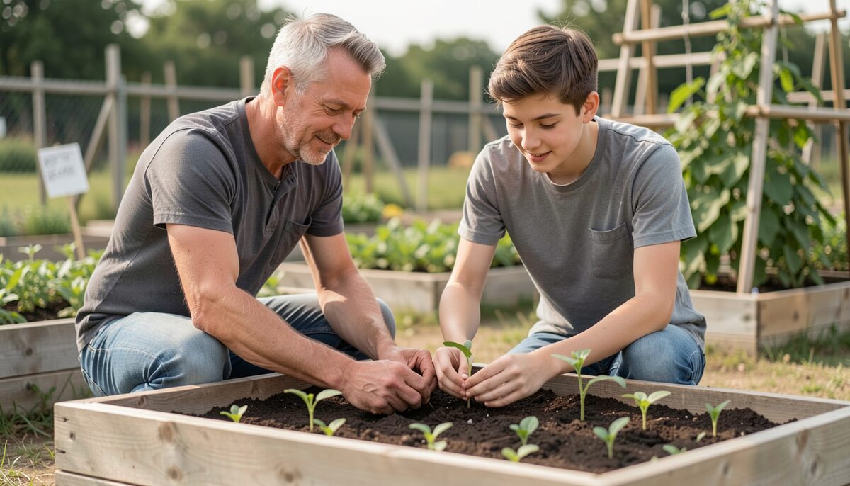 A mentor and young person work together in a community garden. Illustrative image, generated with AI.
