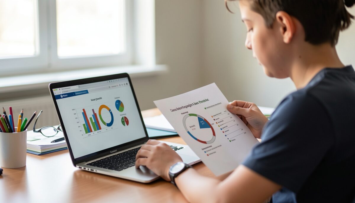 A youth program manager reviews a chart of indicators. Illustrative image, generated with AI.