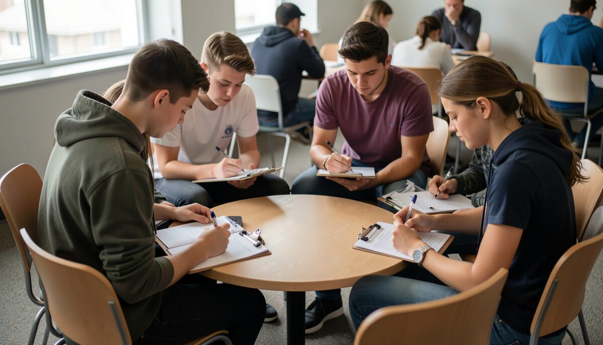 Teenagers filling out feedback forms on clipboards in a circle of chairs. Illustrative image, generated with AI.