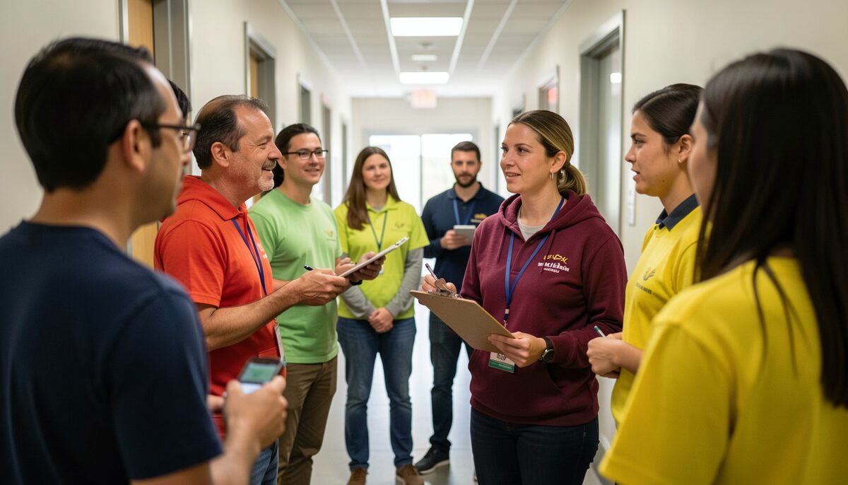 A volunteer coordinator with a clipboard talking to a group of volunteers in a hallway. Illustrative image, generated with AI.