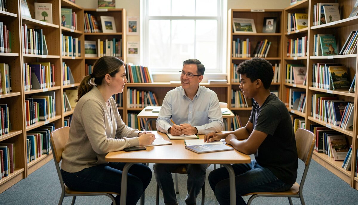 A parent, a teacher and a youth worker sitting around a small table in a school library. Illustrative image, generated with AI.