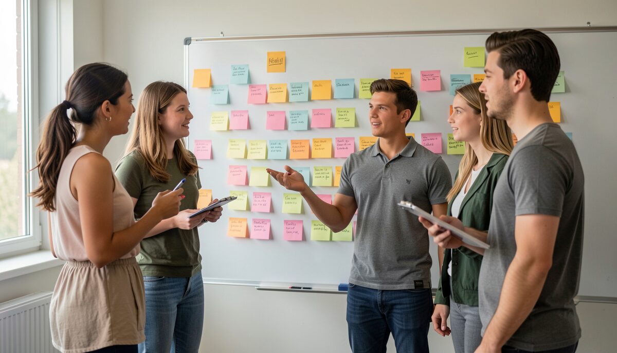 A team of youth workers brainstorming around a whiteboard covered with sticky notes. Illustrative image, generated with AI.
