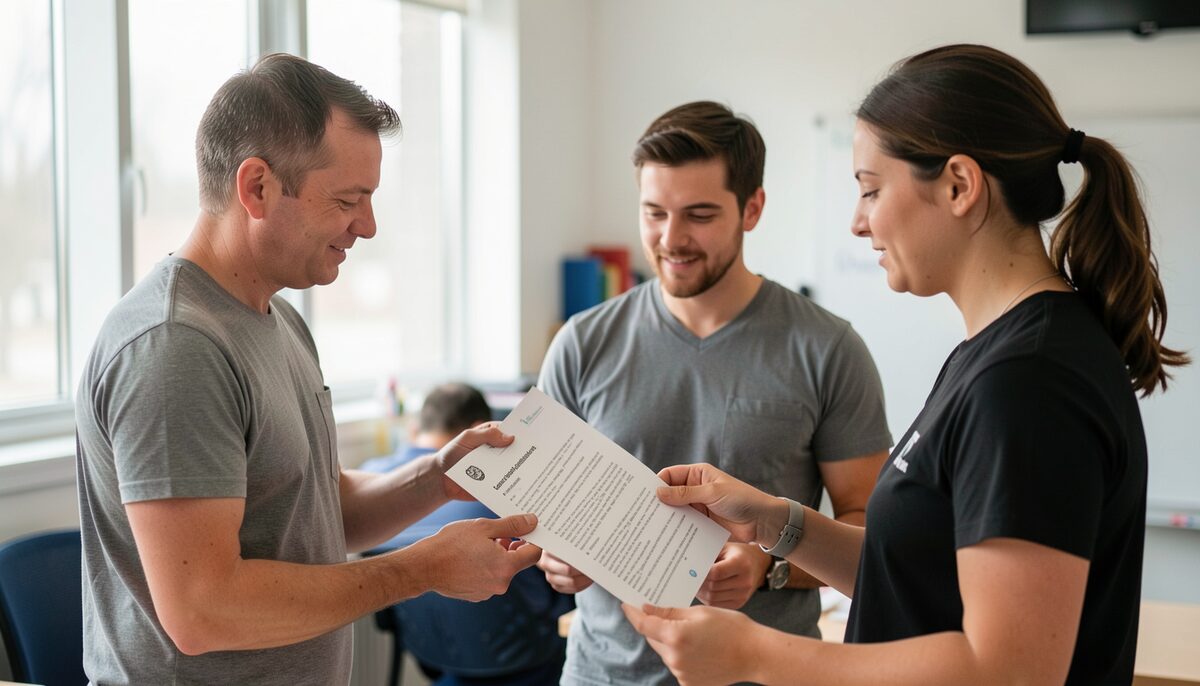Two adults in a training room reviewing a code of conduct document with a facilitator. Illustrative image, generated with AI.
