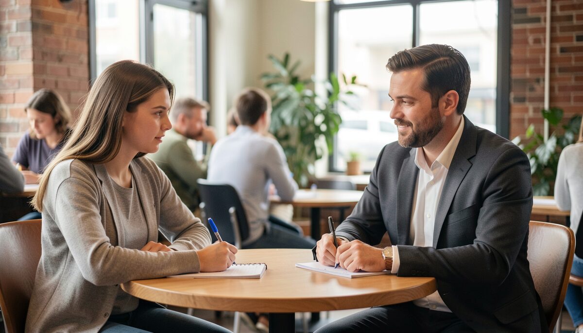 A youth program coordinator and a local business owner meet in a cafe to discuss partnership, both taking notes. Illustrative image, generated with AI.