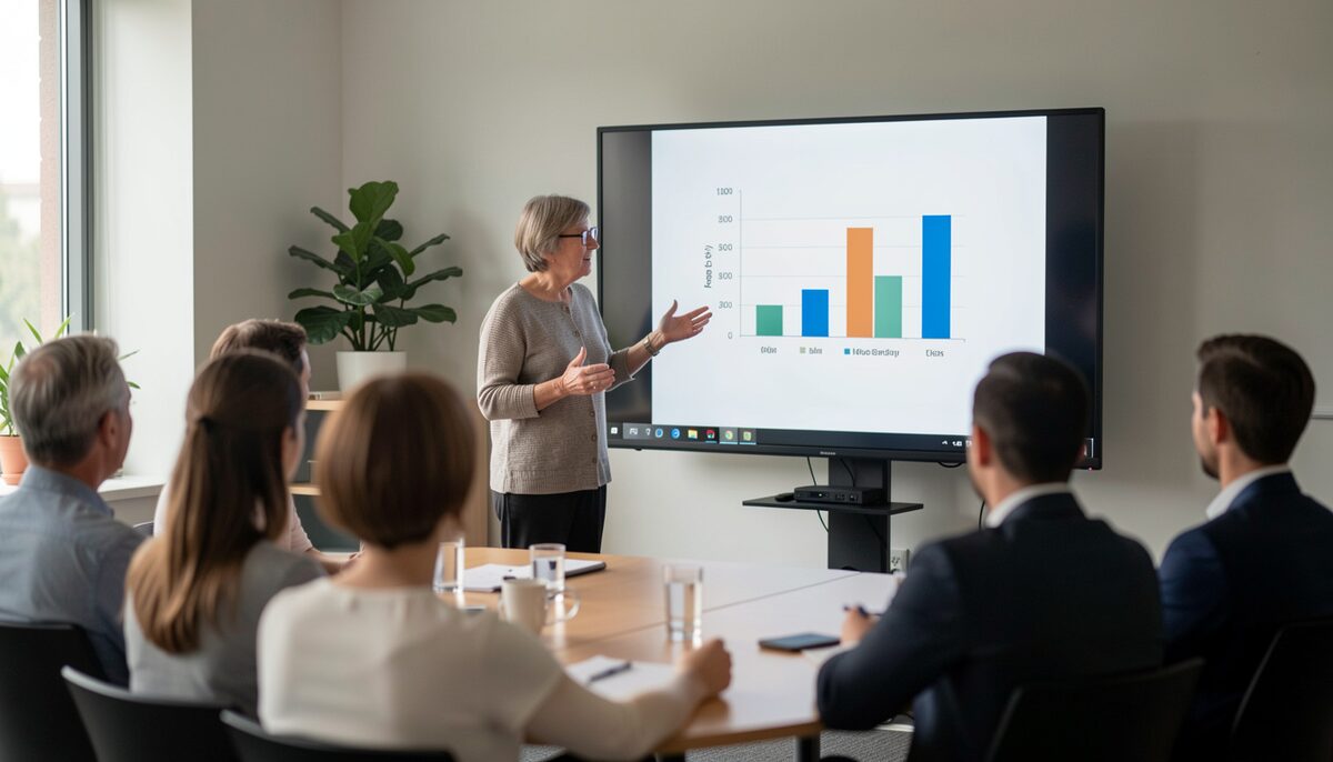 A program director presenting a simple bar chart on a screen to a small audience in a conference room. Illustrative image, generated with AI.