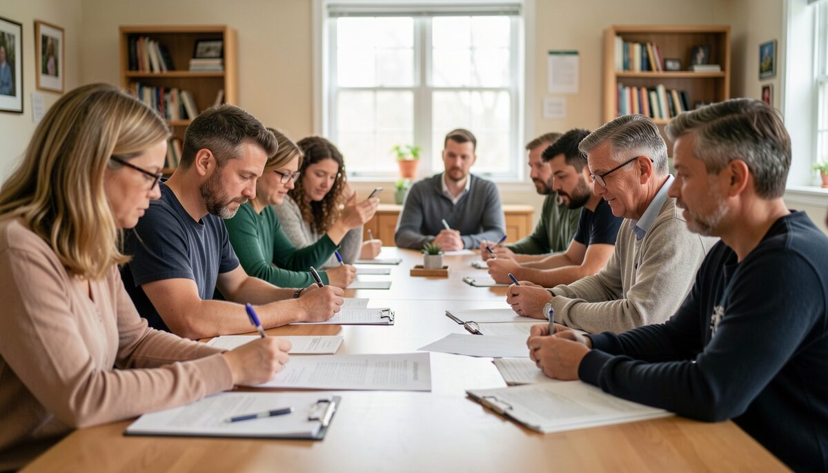 A diverse group of adults at a long table in a community center, reviewing a partnership agreement. Illustrative image, generated with AI.