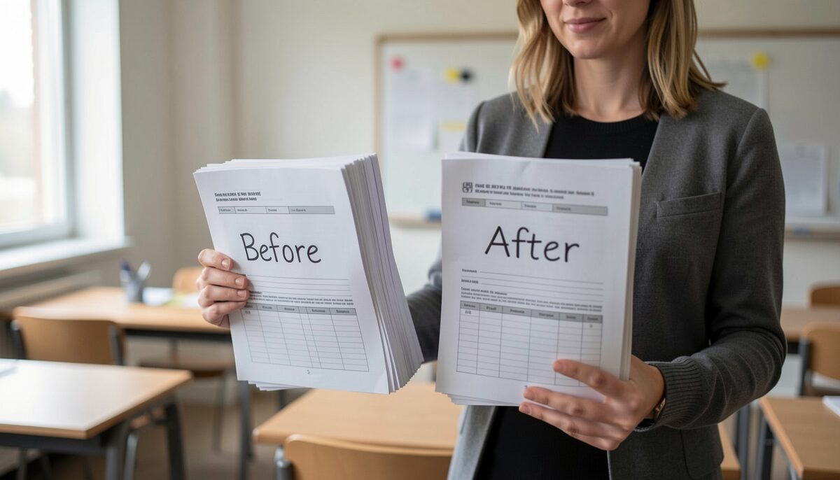 A facilitator holding two labeled stacks of survey papers in a classroom. Illustrative image, generated with AI.